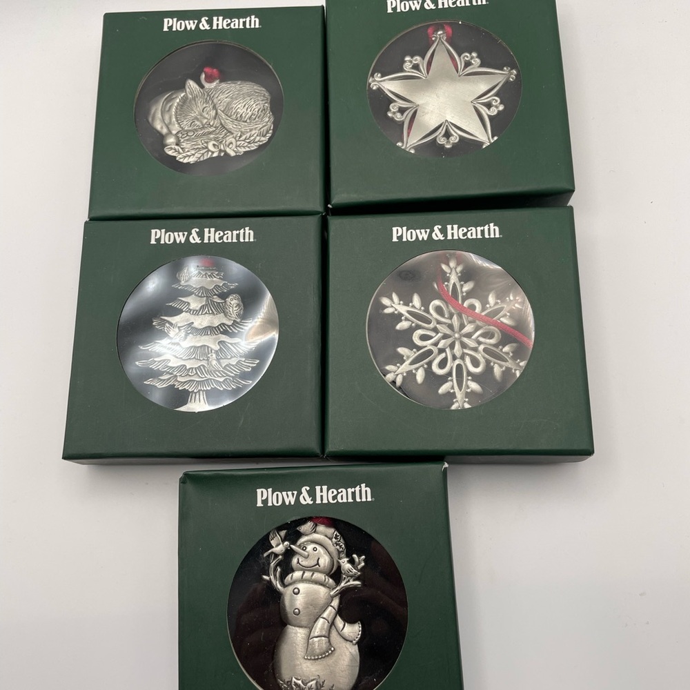 Lot of 5 Plow & Hearth Pewter Snowflake, Star, Cat, Snowman, Tree Ornaments 2014